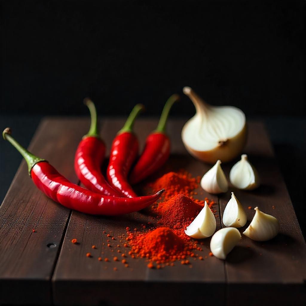 Chilis, Gewürze und Knoblauch auf Holzbrett