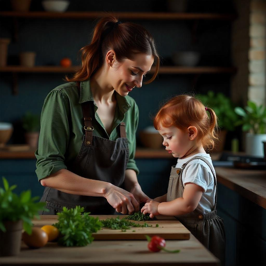 Mama und Tochter schneiden Kräuter