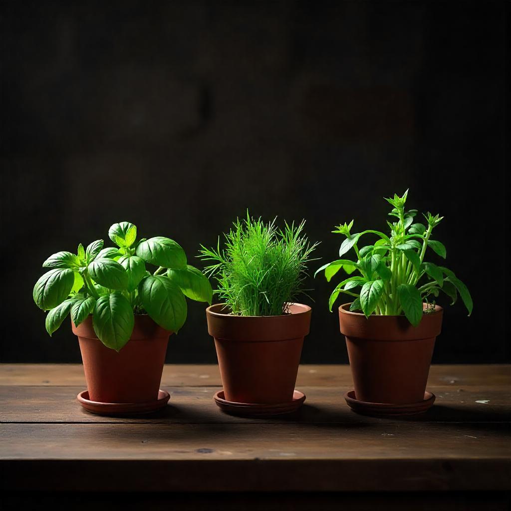 Drei Kräutertöpfe auf Holztisch