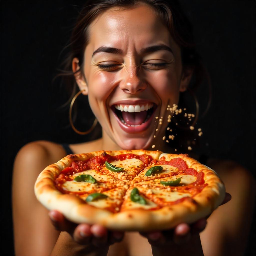 Frau hat Pizza in den Händen