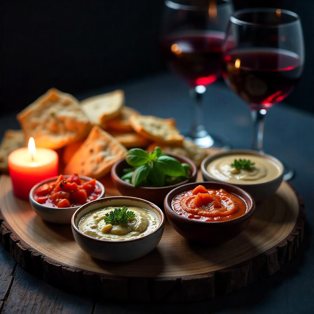 Dips arrangiert auf Holzteller