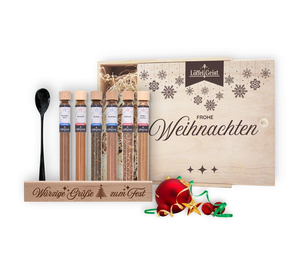 Preview: Gewürz-Geschenkset Frohe Weihnachten in edler Holzbox