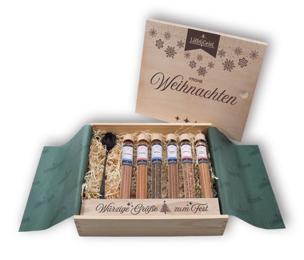 Preview: Gewürz-Geschenkset Frohe Weihnachten in edler Holzbox
