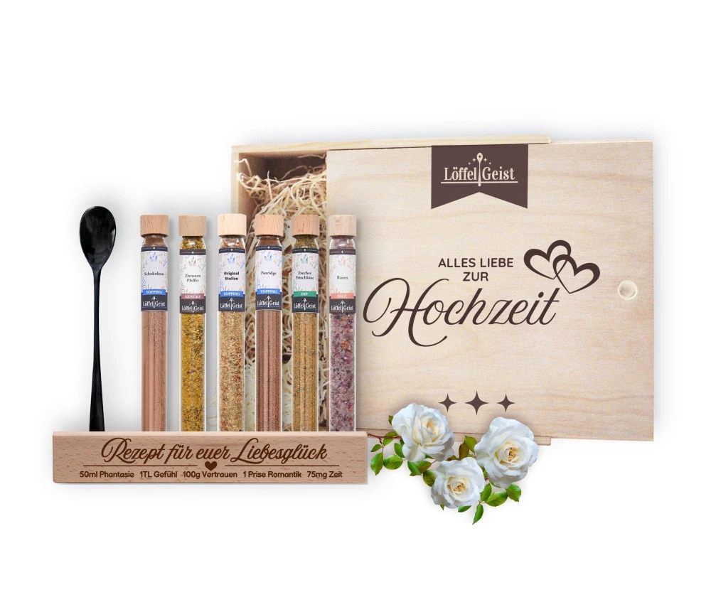 Gewürz-Geschenkset Alles Liebe zur Hochzeit in edler Holzbox