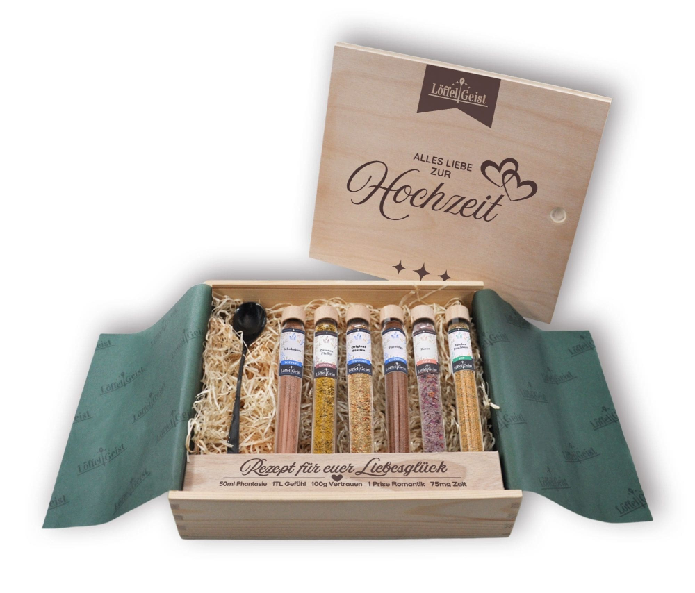 Preview: Gewürz-Geschenkset Alles Liebe zur Hochzeit in edler Holzbox