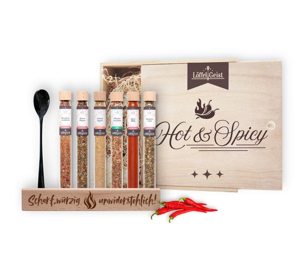 Preview: Gewürz-Geschenkset Hot & Spicy in edler Holzbox