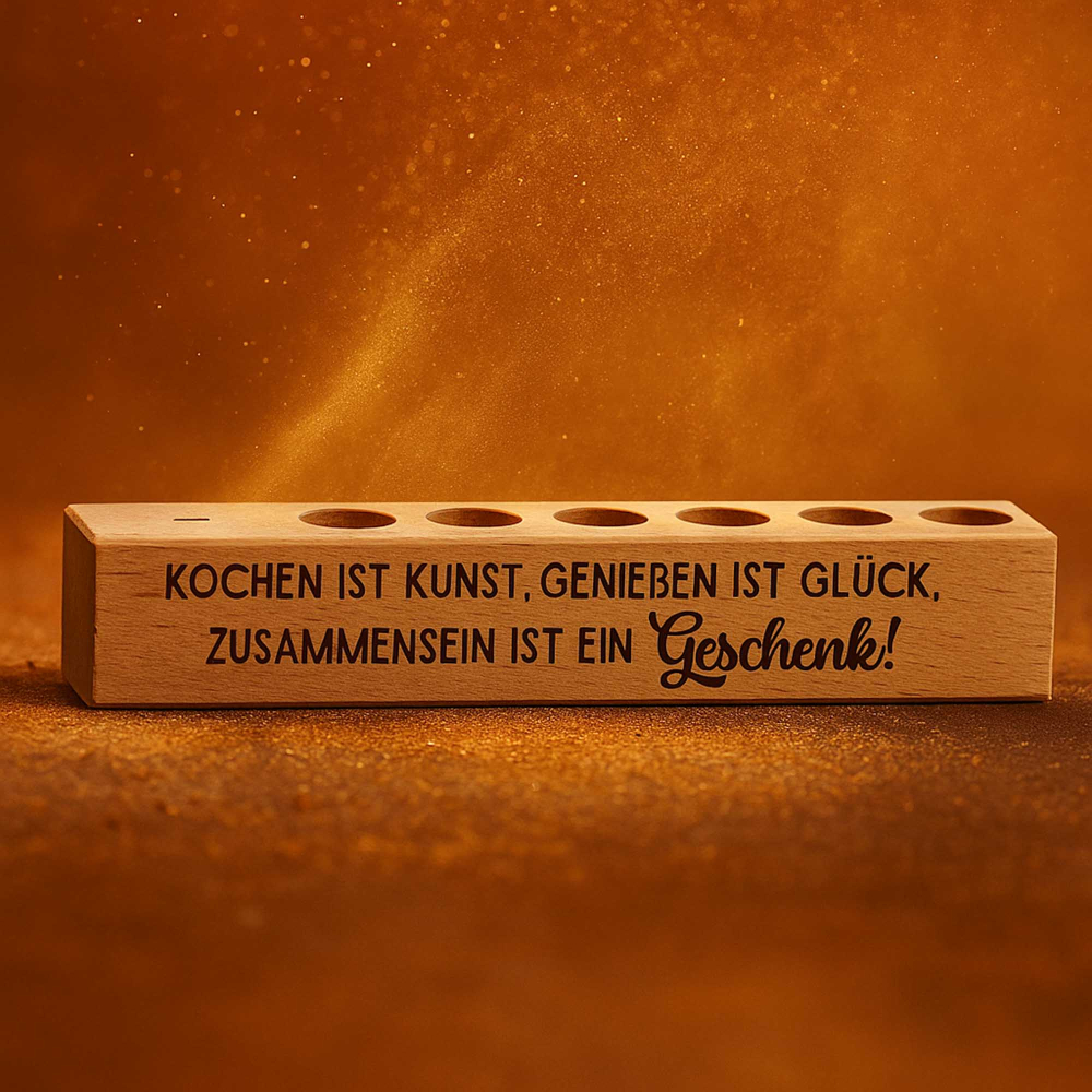 Preview: 6er Gewürzständer Kochen ist Kunst, genießen ist Glück, zusammensein ist ein Geschenk!