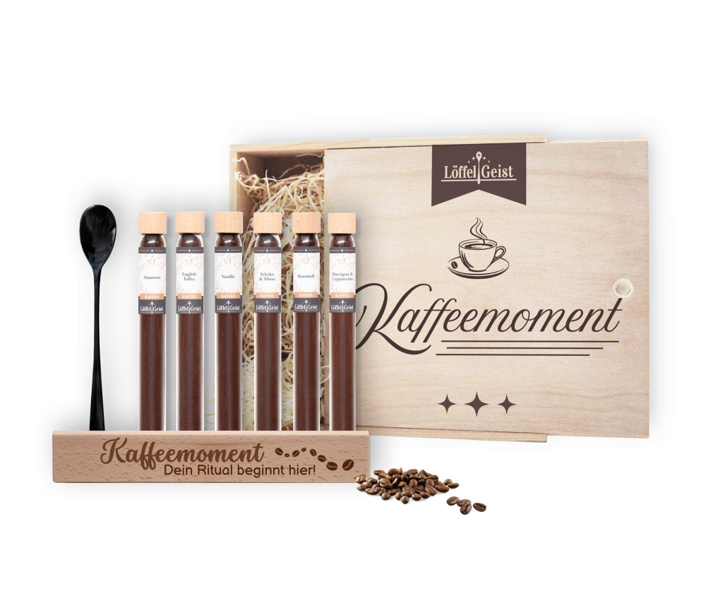 Preview: Kaffee-Geschenkset Kaffeemoment in edler Holzbox