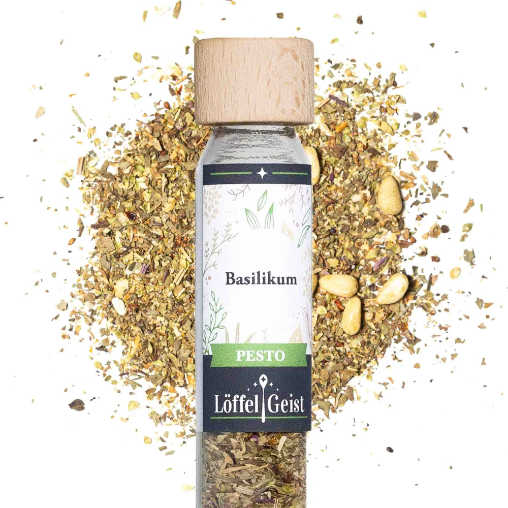 Basilikum Pesto Gewürzmischung im Glasröhrchen