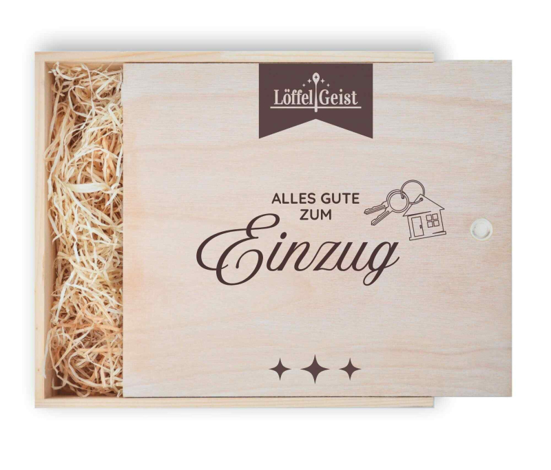 Geschenkverpackung Holzbox mit Lasergravur ´Alles Gute zum Einzug´