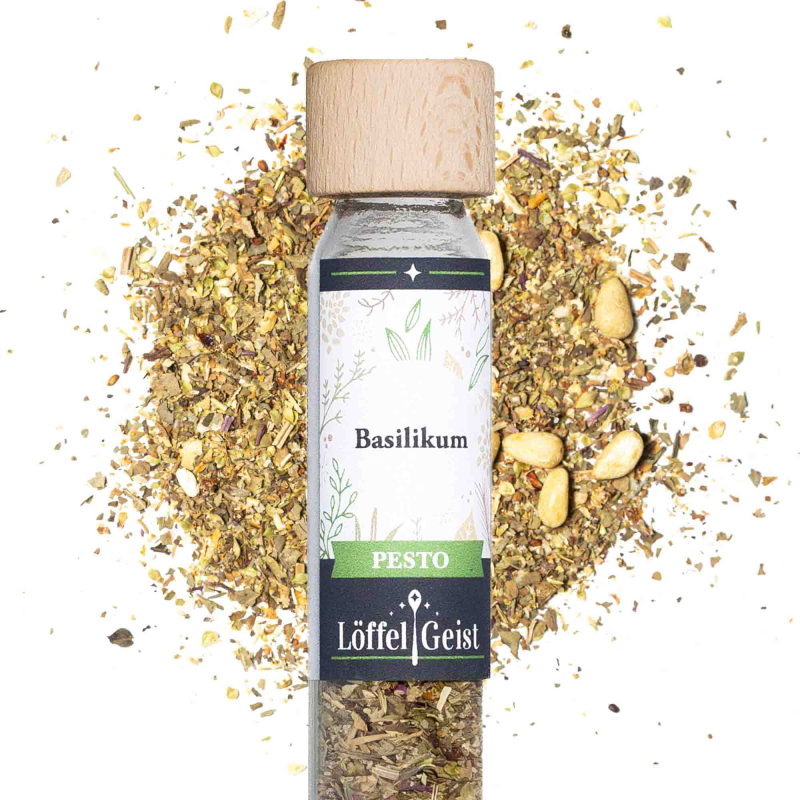 Basilikum Pesto Gewürzmischung im Glasröhrchen
