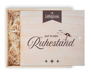 Geschenkverpackung Holzbox mit Lasergravur ´Auf in den Ruhestand´