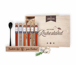 Gewürz-Geschenkset Auf in den Ruhestand in edler Holzbox