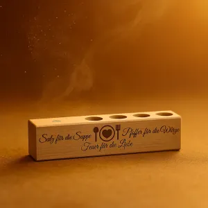 4er Gewürzständer Salz für die Suppe Pfeffer für die Würze Feuer für die Liebe