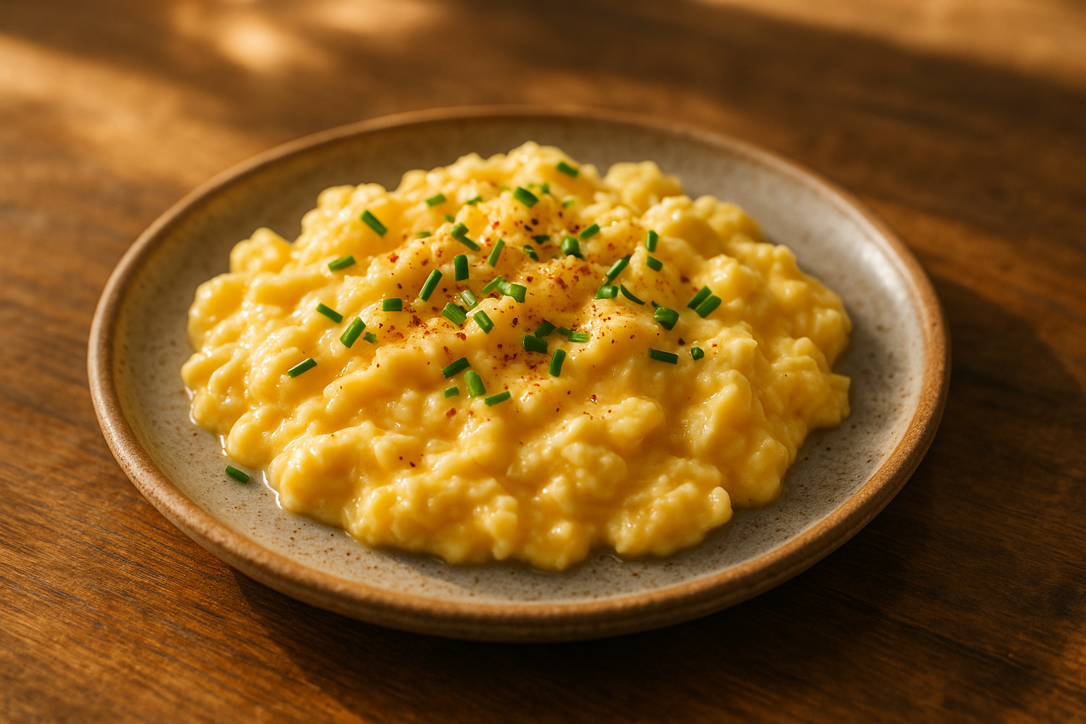 Cremiges Rührei mit Schnittlauch auf Teller