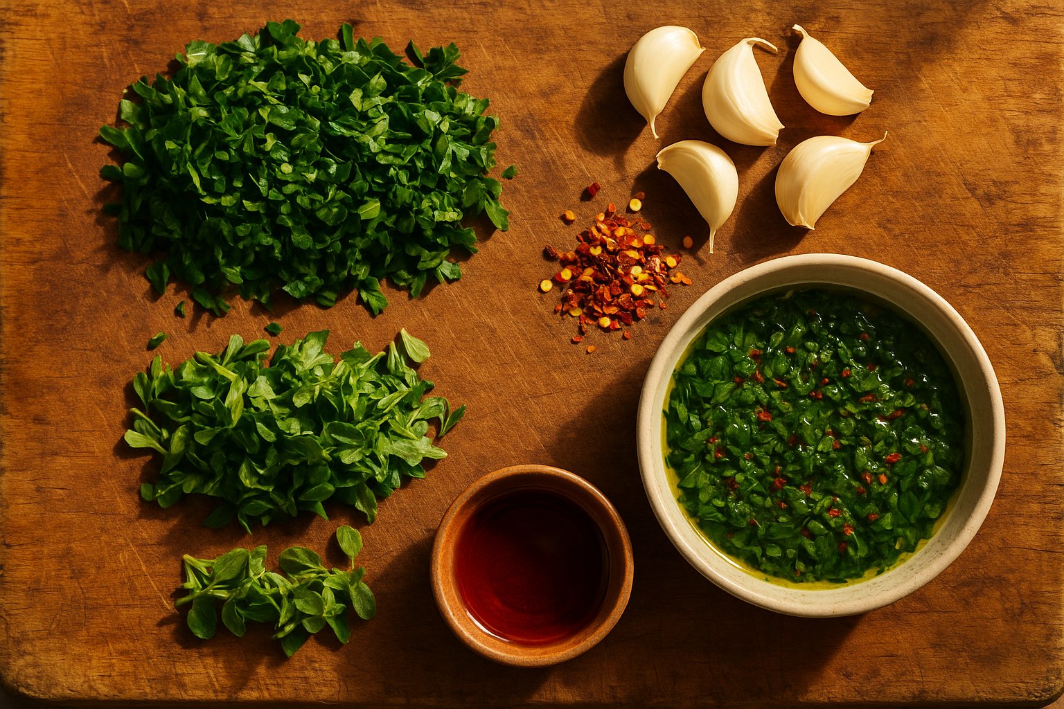 Frische Kräuter, Knoblauch und grüne Sauce auf Holzbrett