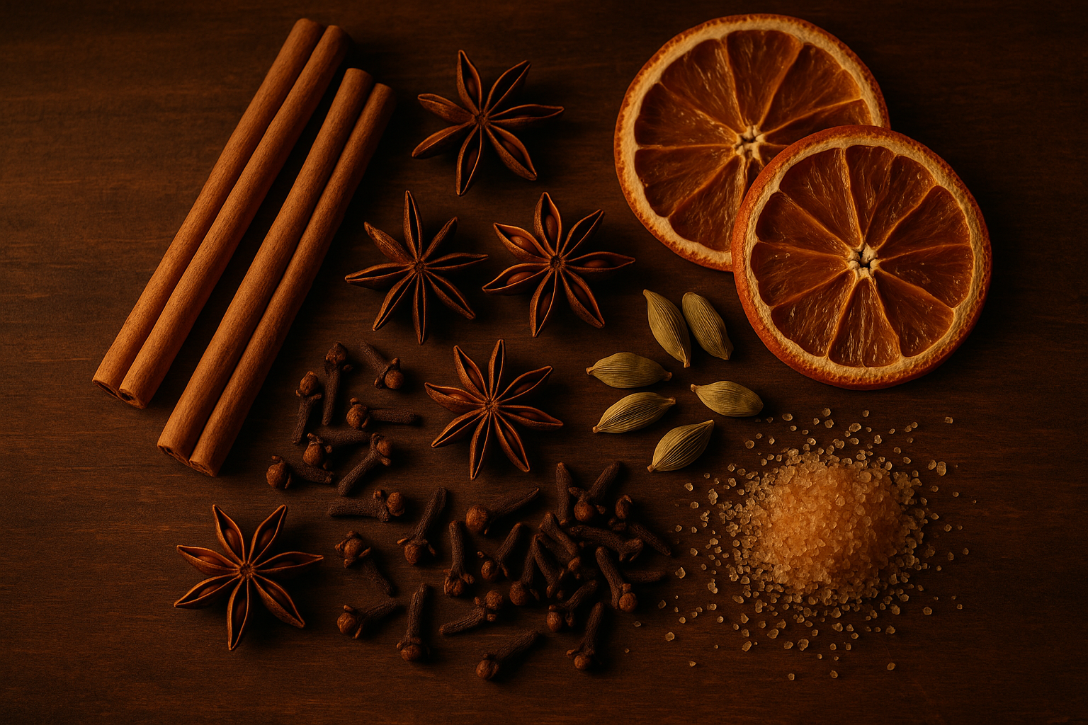 Gewürze mit Zimt, Sternanis und Orangenscheiben