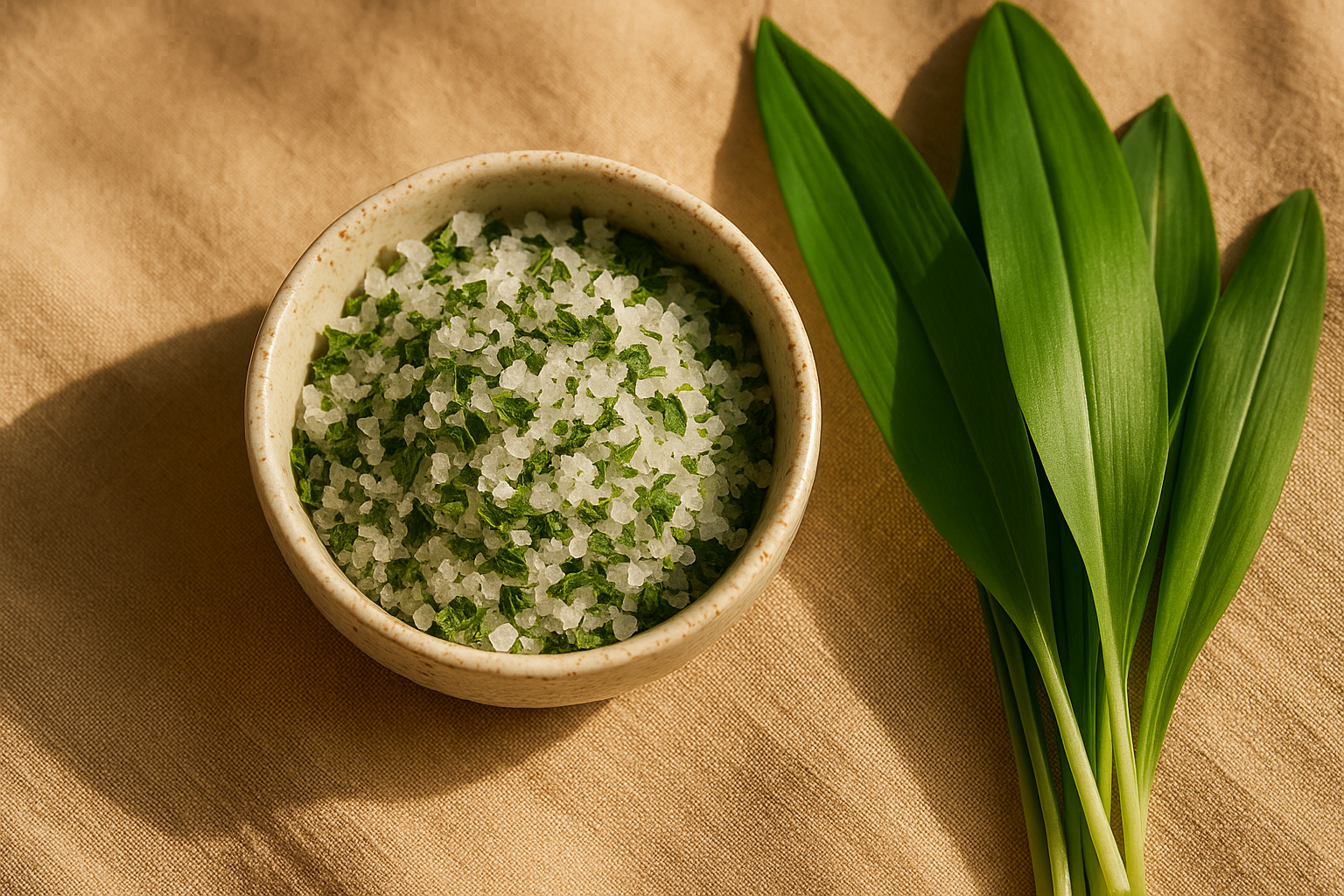 Schale mit Bärlauchsalz und frischen Bärlauchblättern